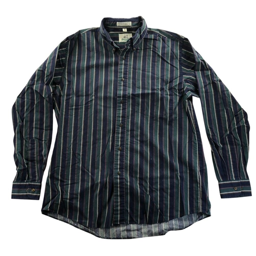 Van Heusen Mens 417 Shirt Medium Long Sleeve Pinstriped Green Button Down Casual